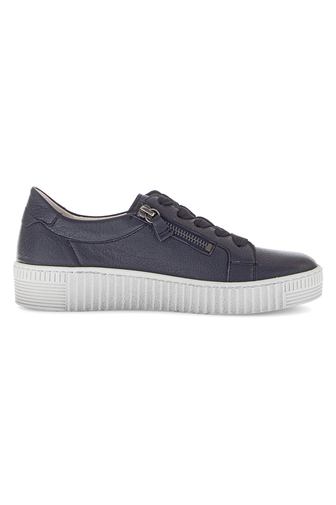 Navy blue sneaker with white sole on a white background
