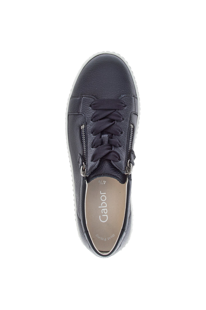 Navy blue sneaker with laces on a white background