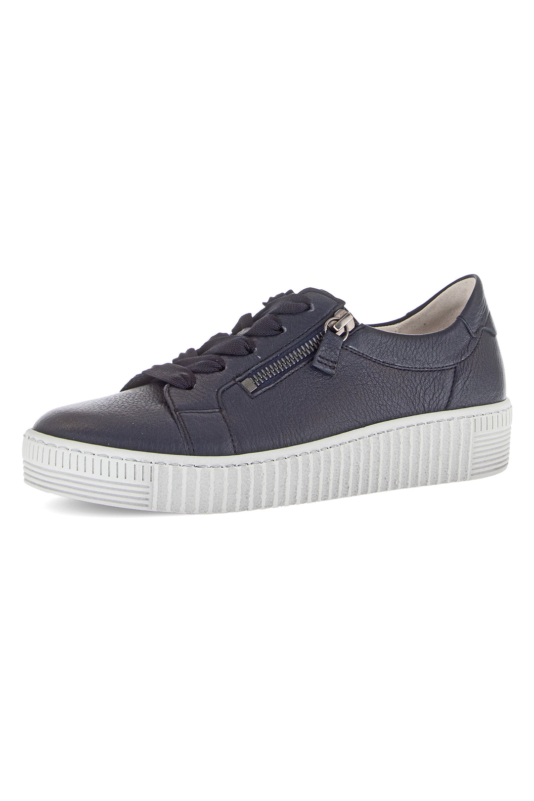 Navy blue sneaker with white sole on a white background