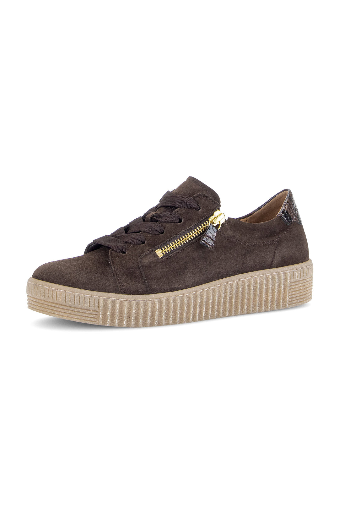 Gabor Wisdom Mocha Brown Gold Boa Suede Trainer 6010.02.005, front view