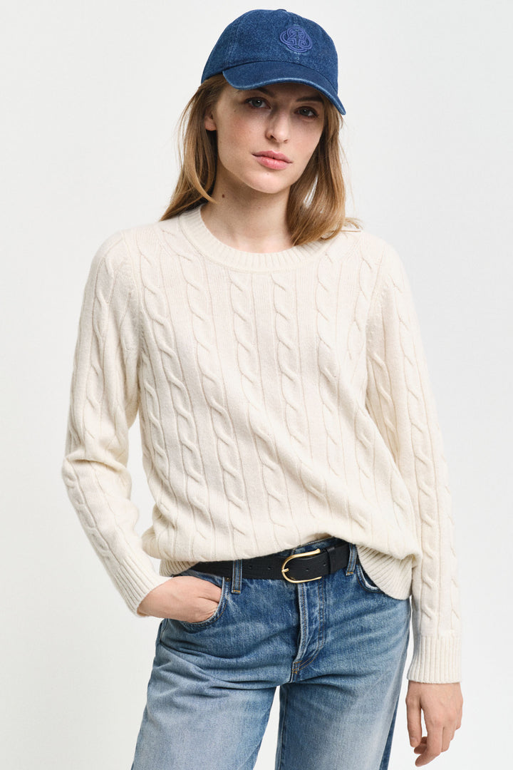 Gant Jumper Lambswool Cable Knit Crew Neck Cream 4805315 - Shirley Allum Boutique