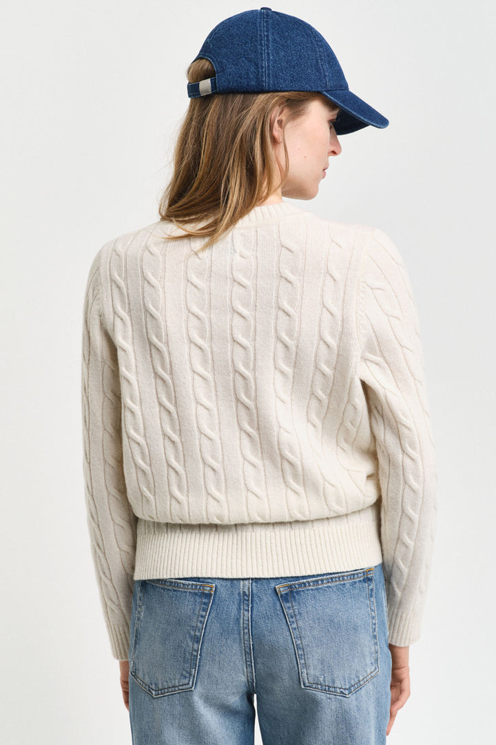 Gant Jumper Lambswool Cable Knit Crew Neck Cream 4805315 - Shirley Allum Boutique