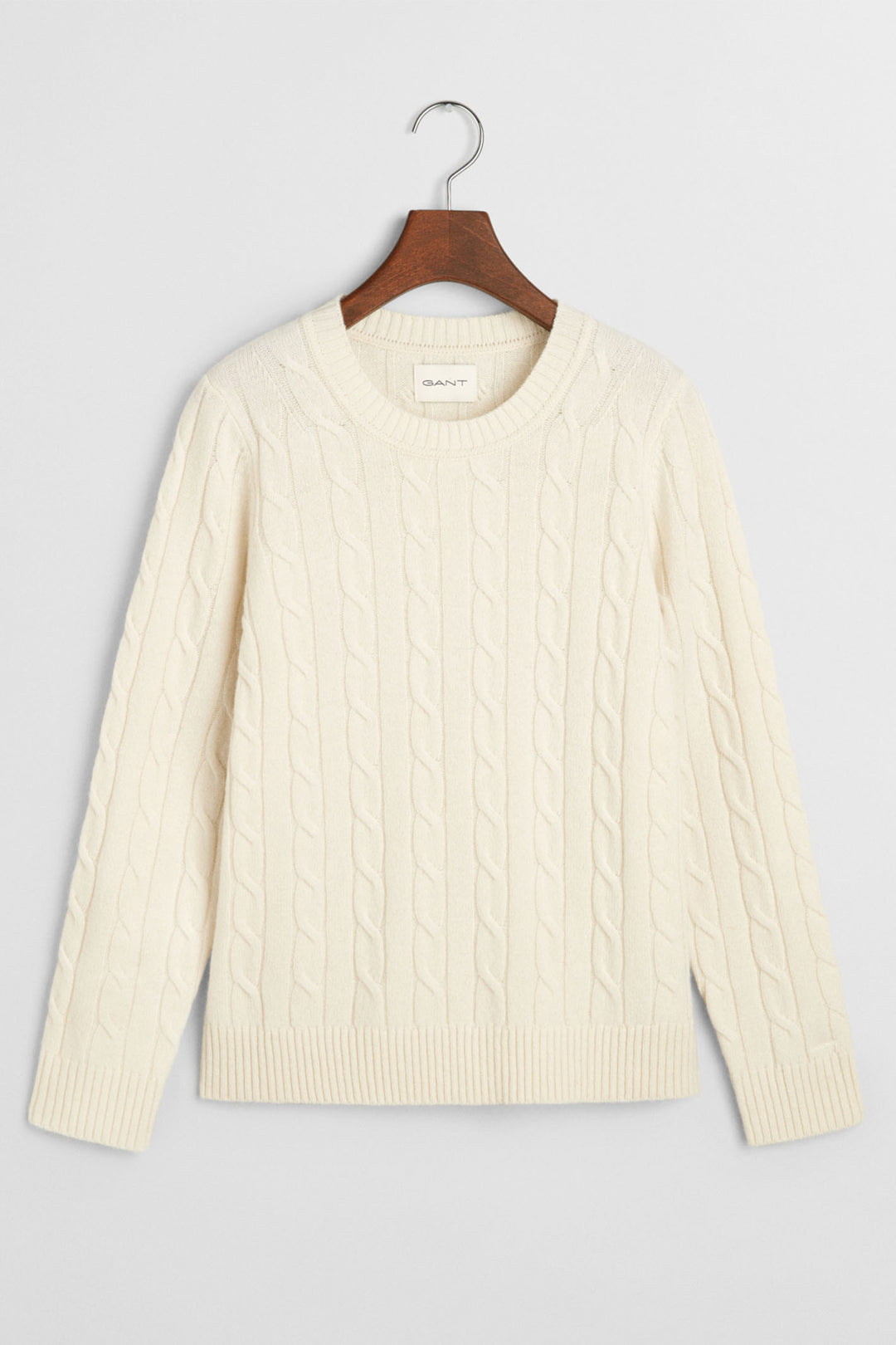 Gant Jumper Lambswool Cable Knit Crew Neck Cream 4805315 - Shirley Allum Boutique