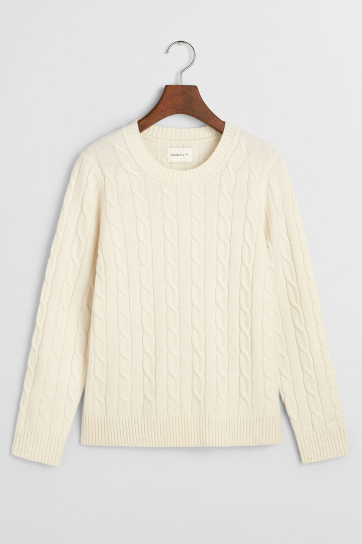 Gant Jumper Lambswool Cable Knit Crew Neck Cream 4805315 - Shirley Allum Boutique