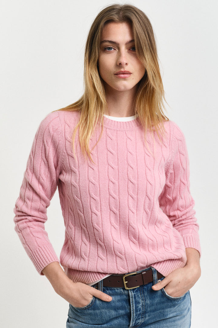 Gant Jumper Lambswool Cable Knit Crew Neck Dusty Pink 4805315 - Shirley Allum Boutique
