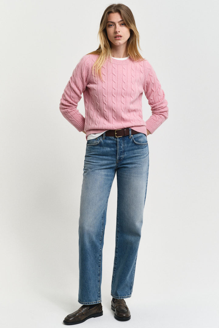 Gant Jumper Lambswool Cable Knit Crew Neck Dusty Pink 4805315 - Shirley Allum Boutique