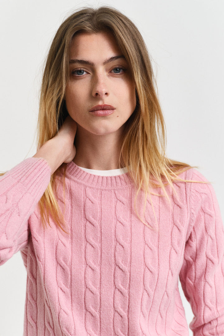 Gant Jumper Lambswool Cable Knit Crew Neck Dusty Pink 4805315 - Shirley Allum Boutique