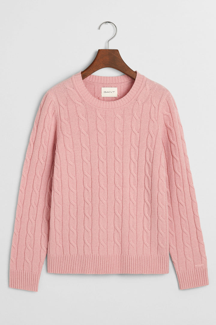Gant Jumper Lambswool Cable Knit Crew Neck Dusty Pink 4805315 - Shirley Allum Boutique