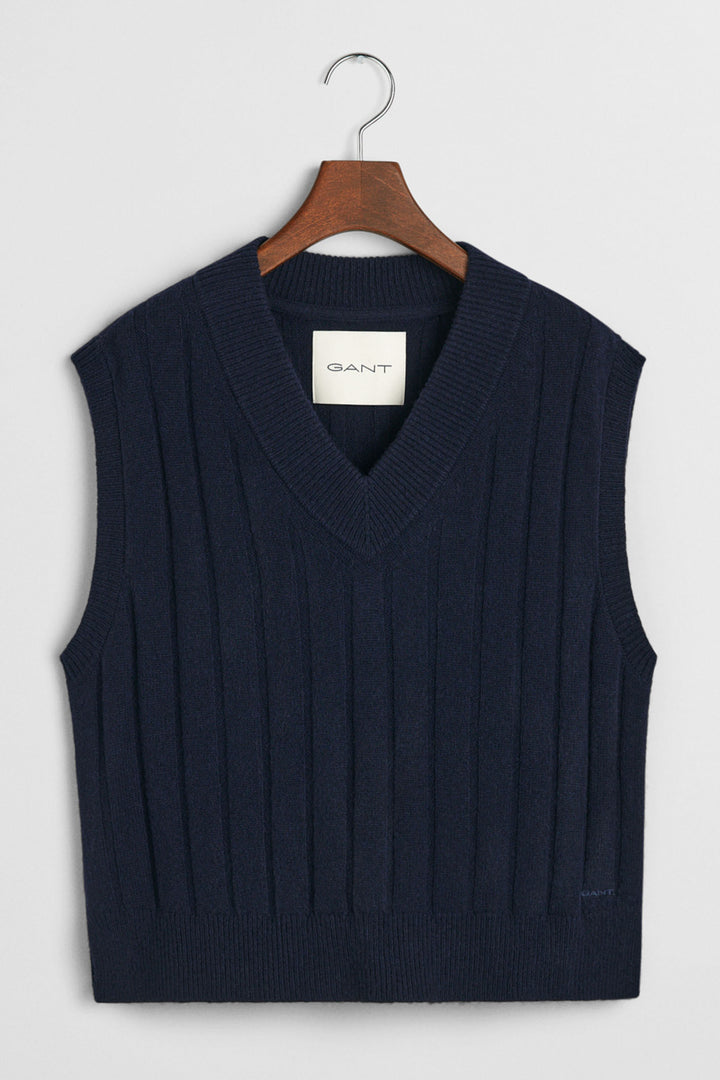 Gant Jumper Sleeveless Wide Ribbed V-Neck Evening Blue 4805294 - Shirley Allum Boutique