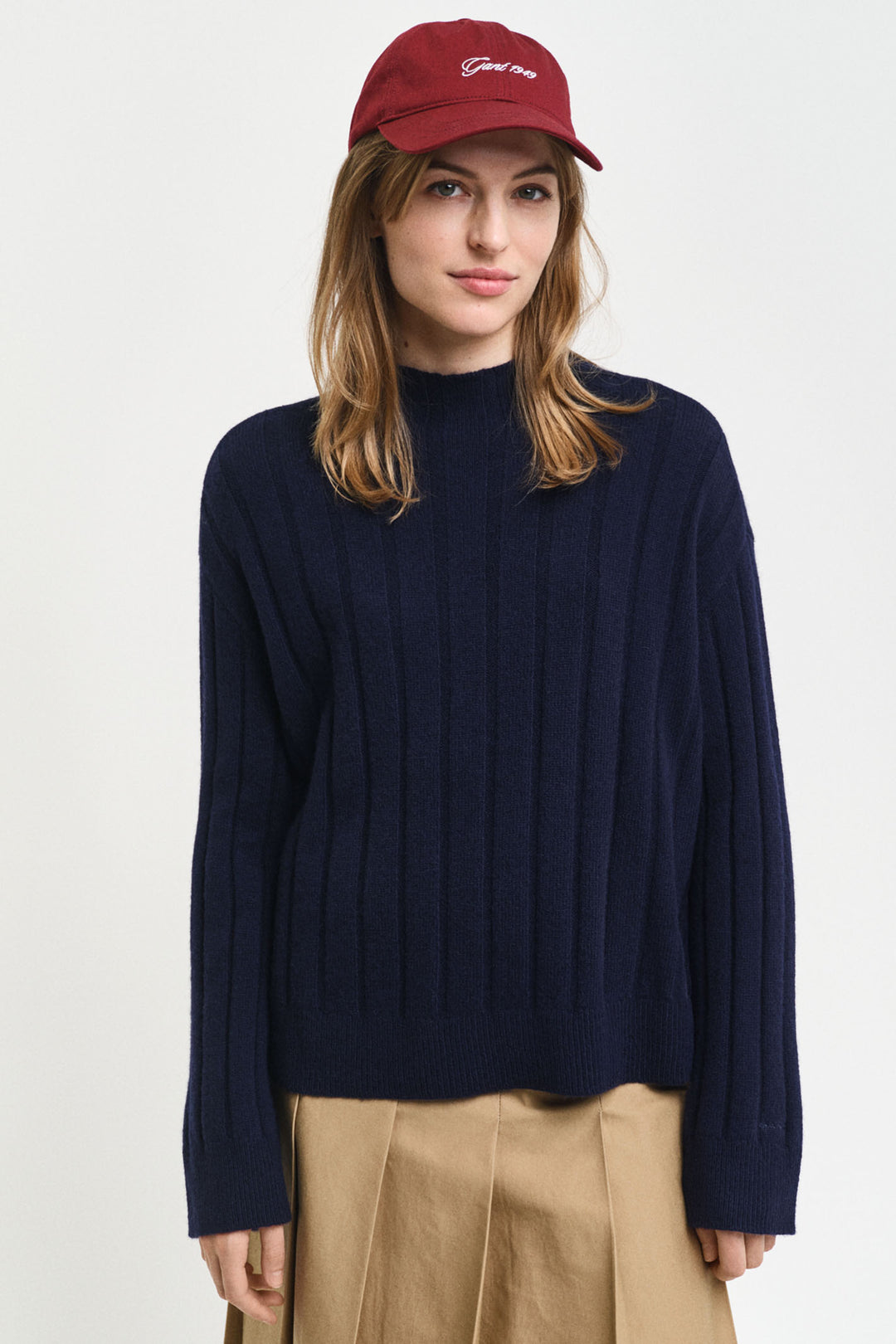 Gant Jumper Wide Ribbed Wool Stand Collar Evening Blue 4805284 - Shirley Allum Boutique