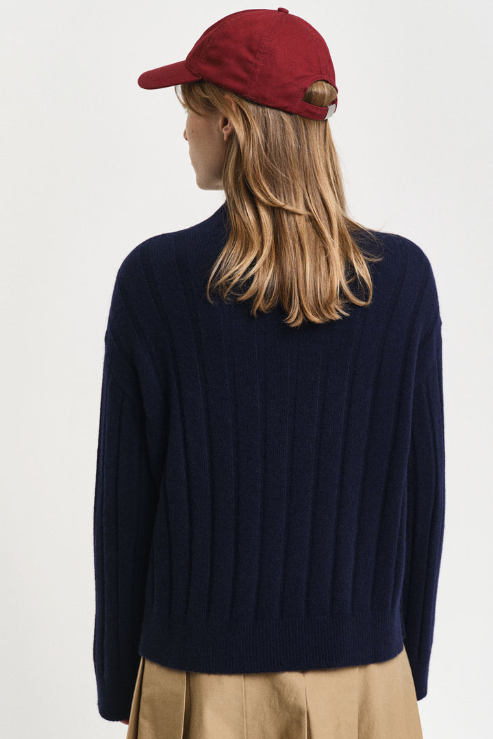 Gant Jumper Wide Ribbed Wool Stand Collar Evening Blue 4805284 - Shirley Allum Boutique