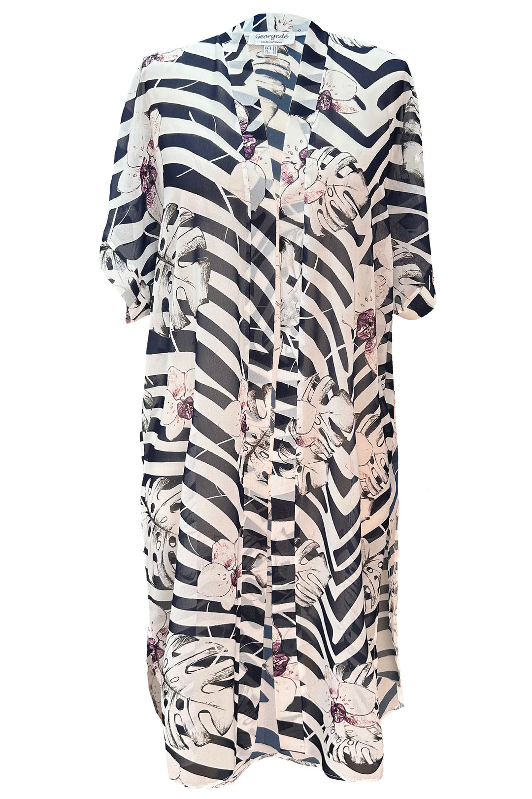 Georgede M22911 M1218 Toulouse White Navy Print Chiffon Long Jacket - Shirley Allum Boutique