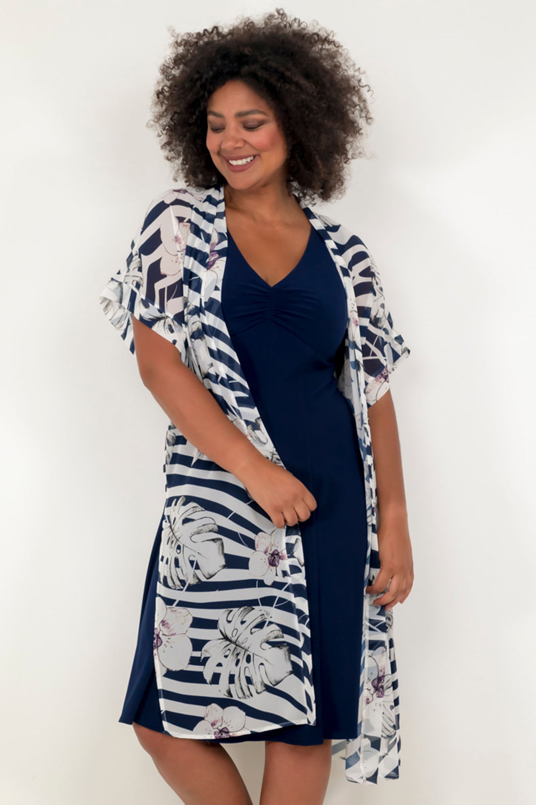 Georgede M22911 M1218 Toulouse White Navy Print Chiffon Long Jacket - Shirley Allum Boutique