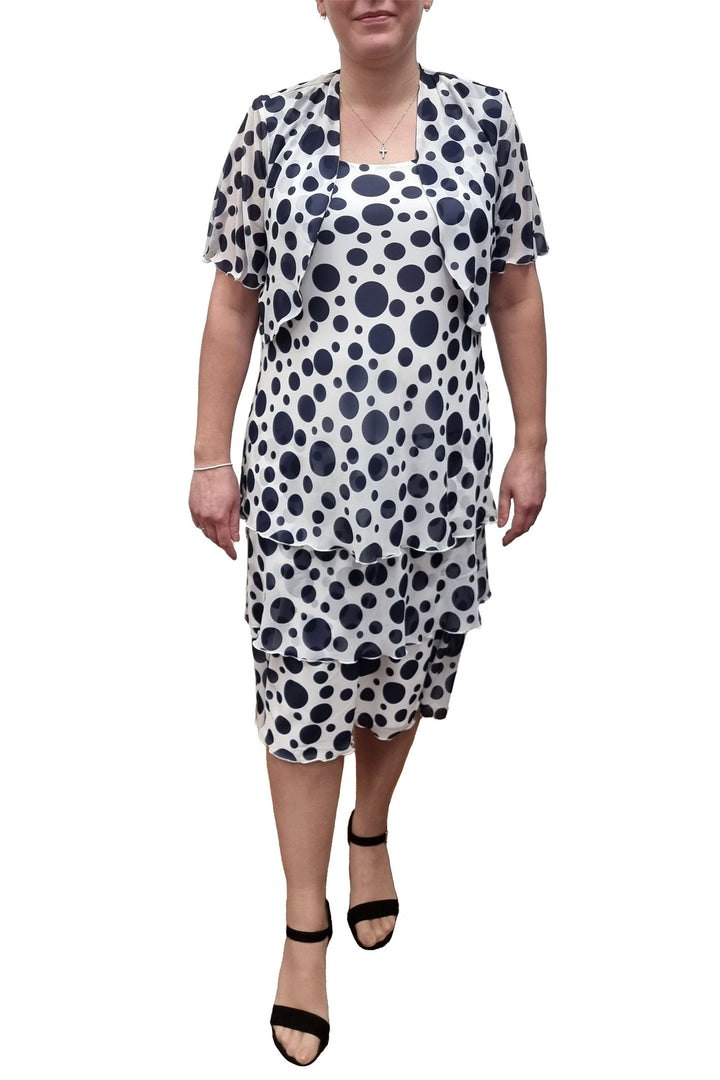 Georgede M93132 M1208 Ava White Navy Polka Dot Dress and Bolero Set - Shirley Allum Boutique