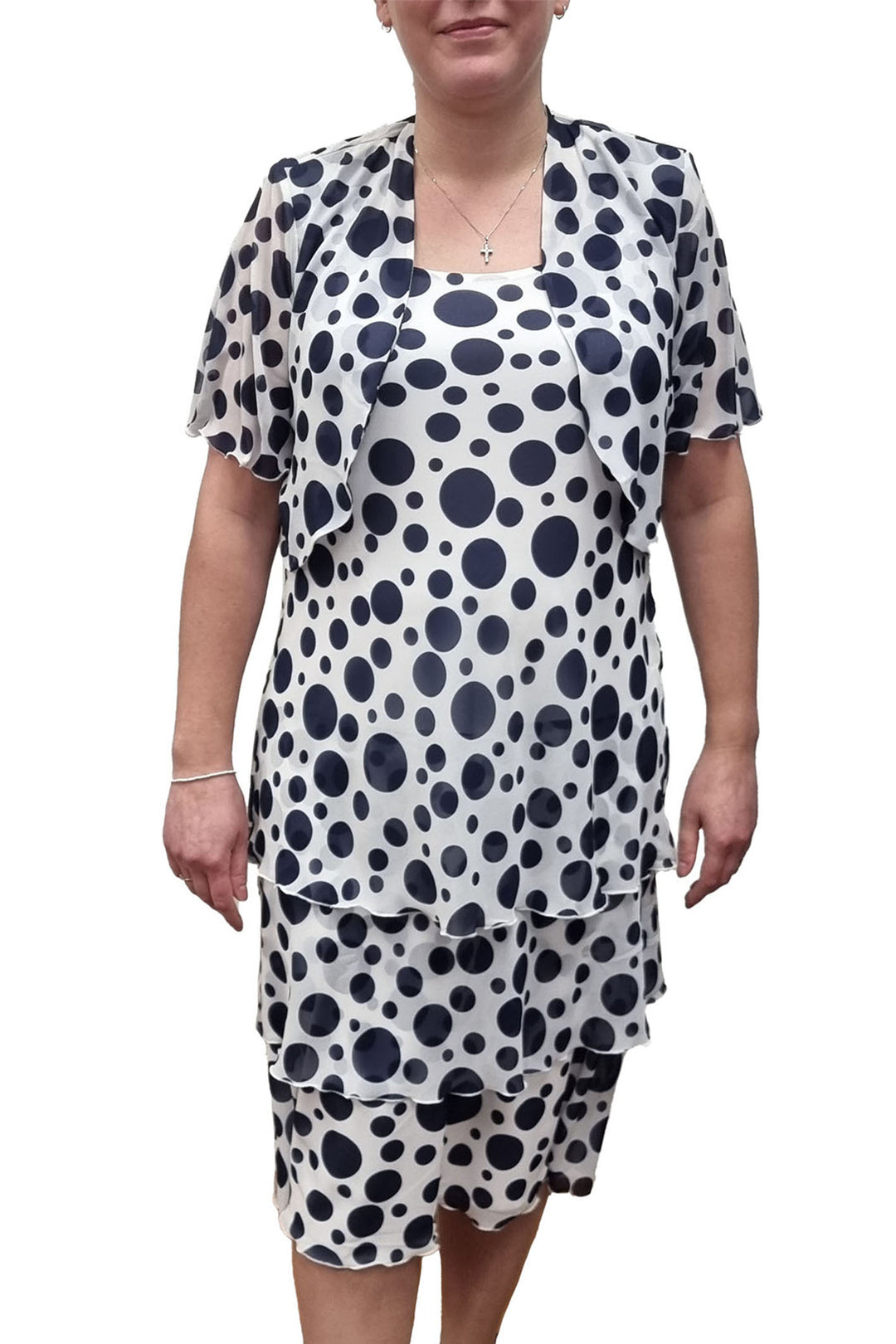 Georgede M93132 M1208 Ava White Navy Polka Dot Dress and Bolero Set - Shirley Allum Boutique