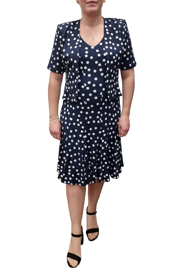 Georgede M97008 P441 Calais Navy Polka Dot Jersey Dress And Bolero Set - Shirley Allum Boutique
