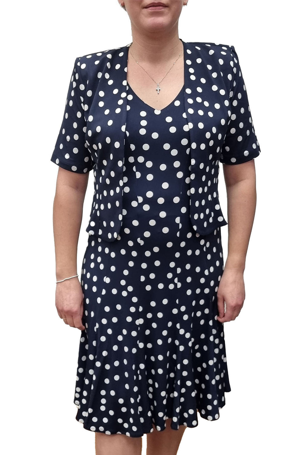 Georgede M97008 P441 Calais Navy Polka Dot Jersey Dress And Bolero Set - Shirley Allum Boutique