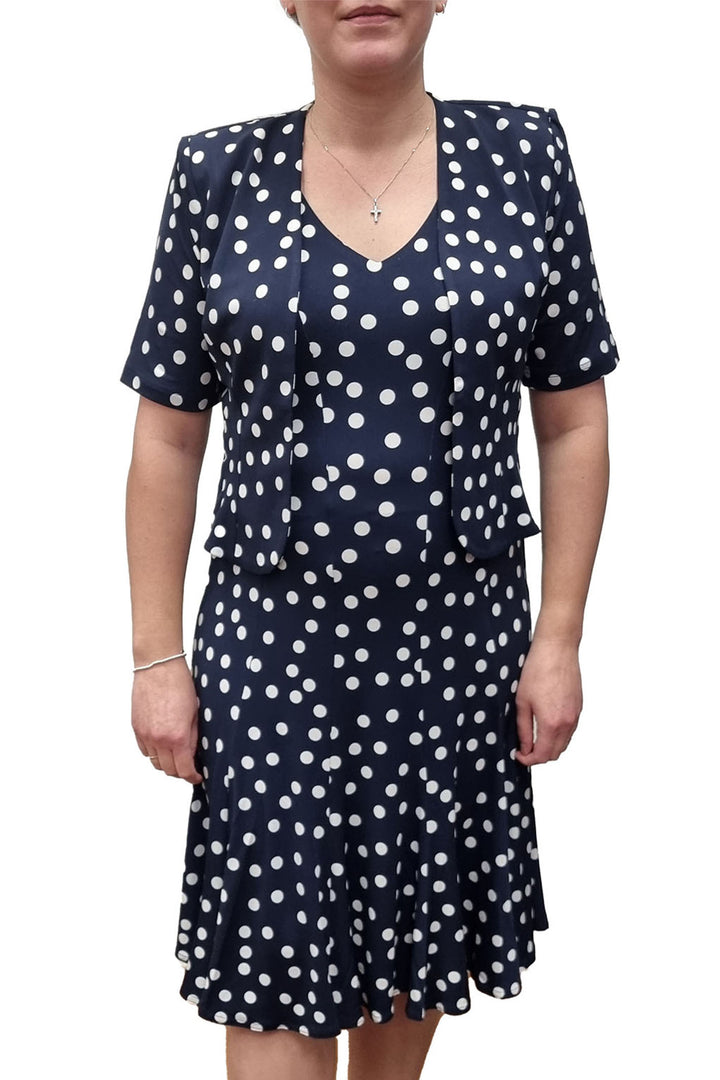 Georgede M97008 P441 Calais Navy Polka Dot Jersey Dress And Bolero Set - Shirley Allum Boutique