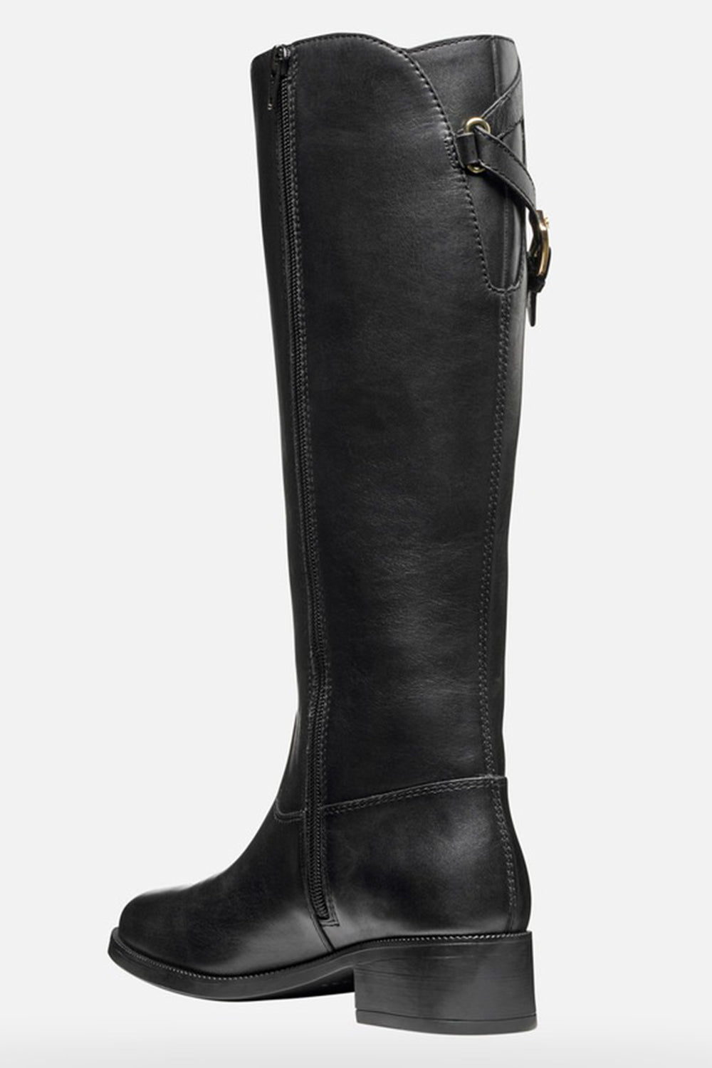 Black knee-high boot with a strap on a white background