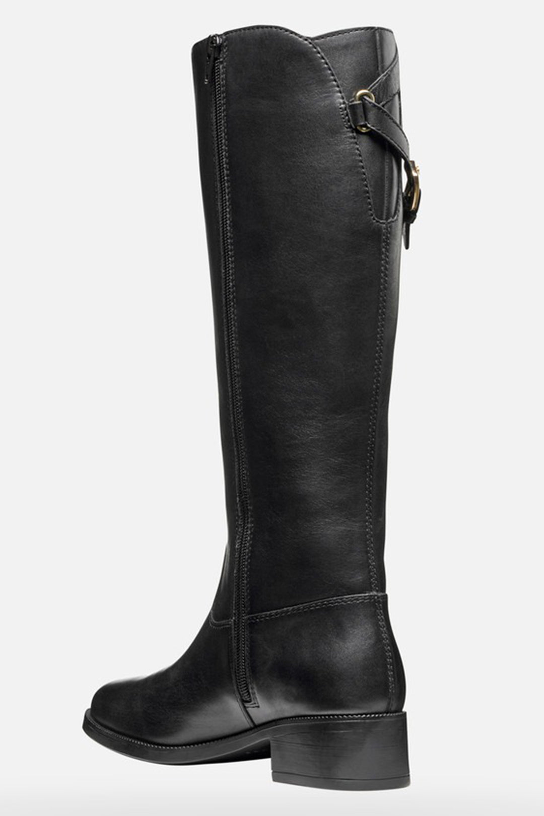 Black knee-high boot with a strap on a white background
