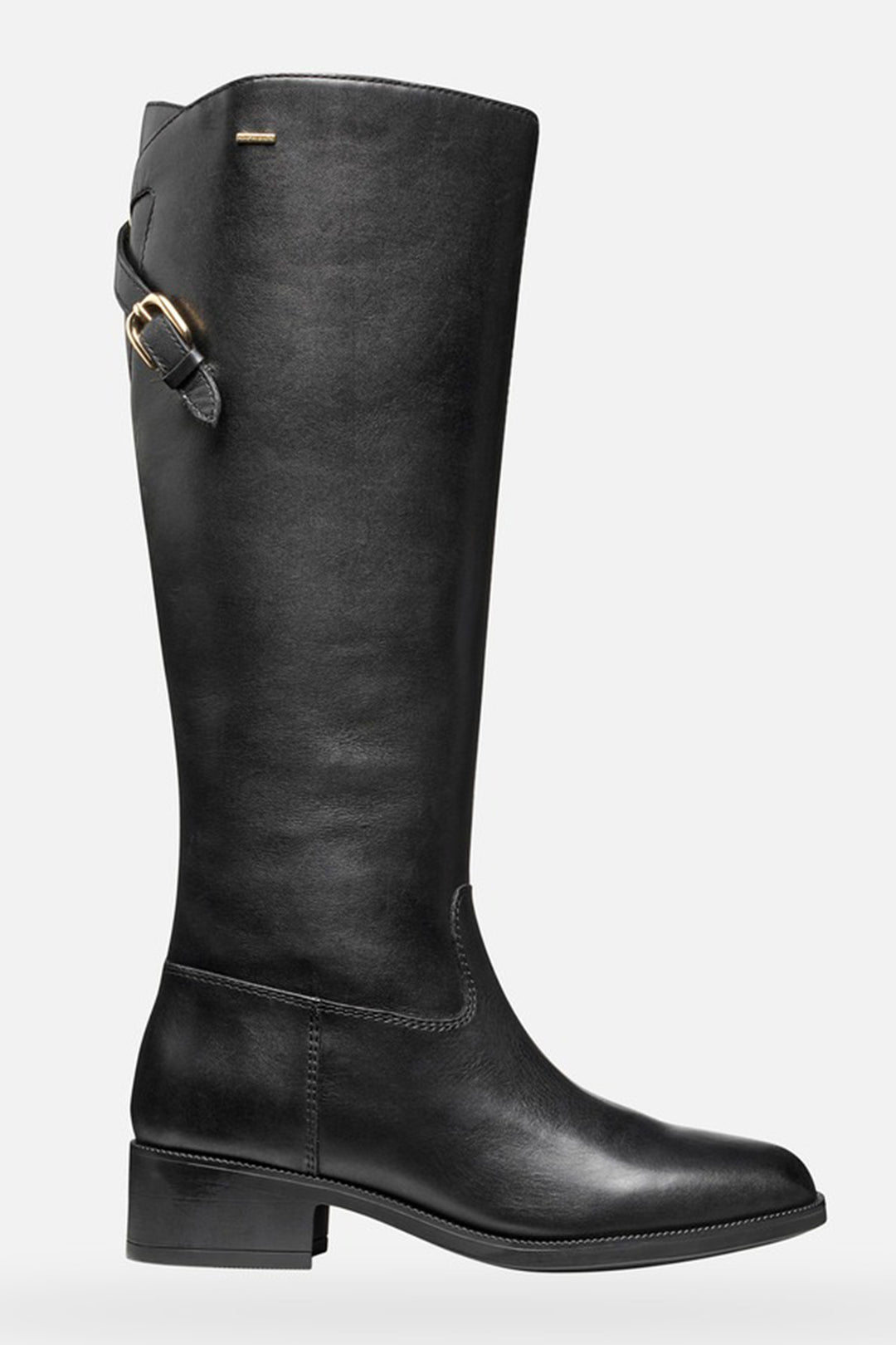 Black knee-high boot with a buckle on a white background