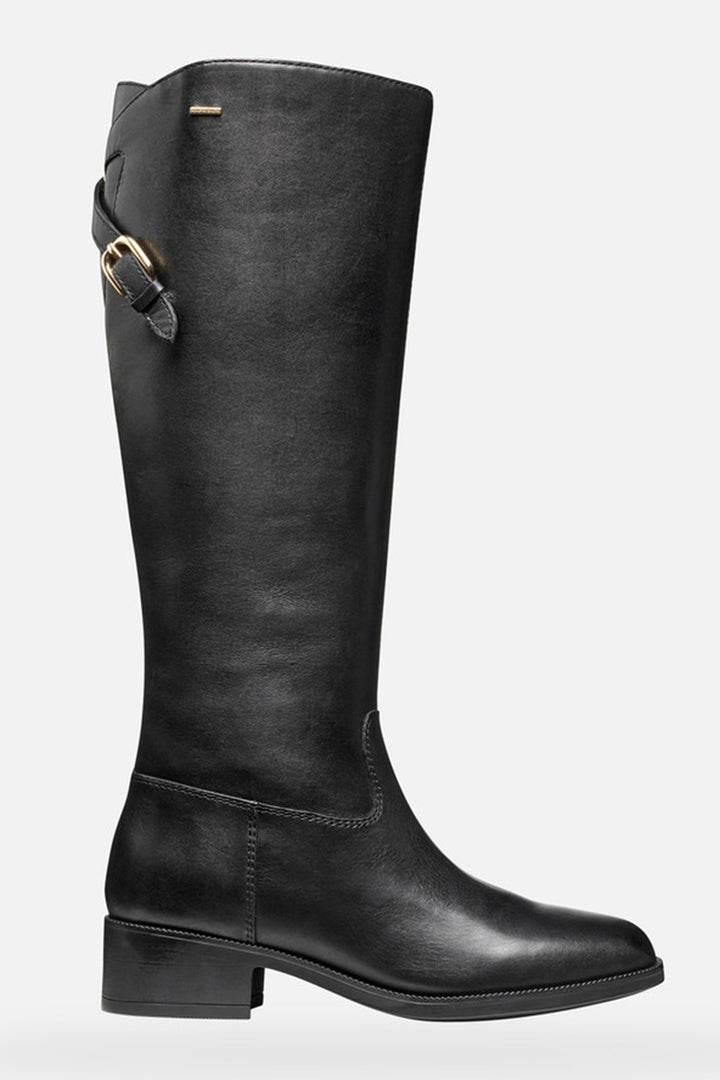 Black knee-high boot with a buckle on a white background