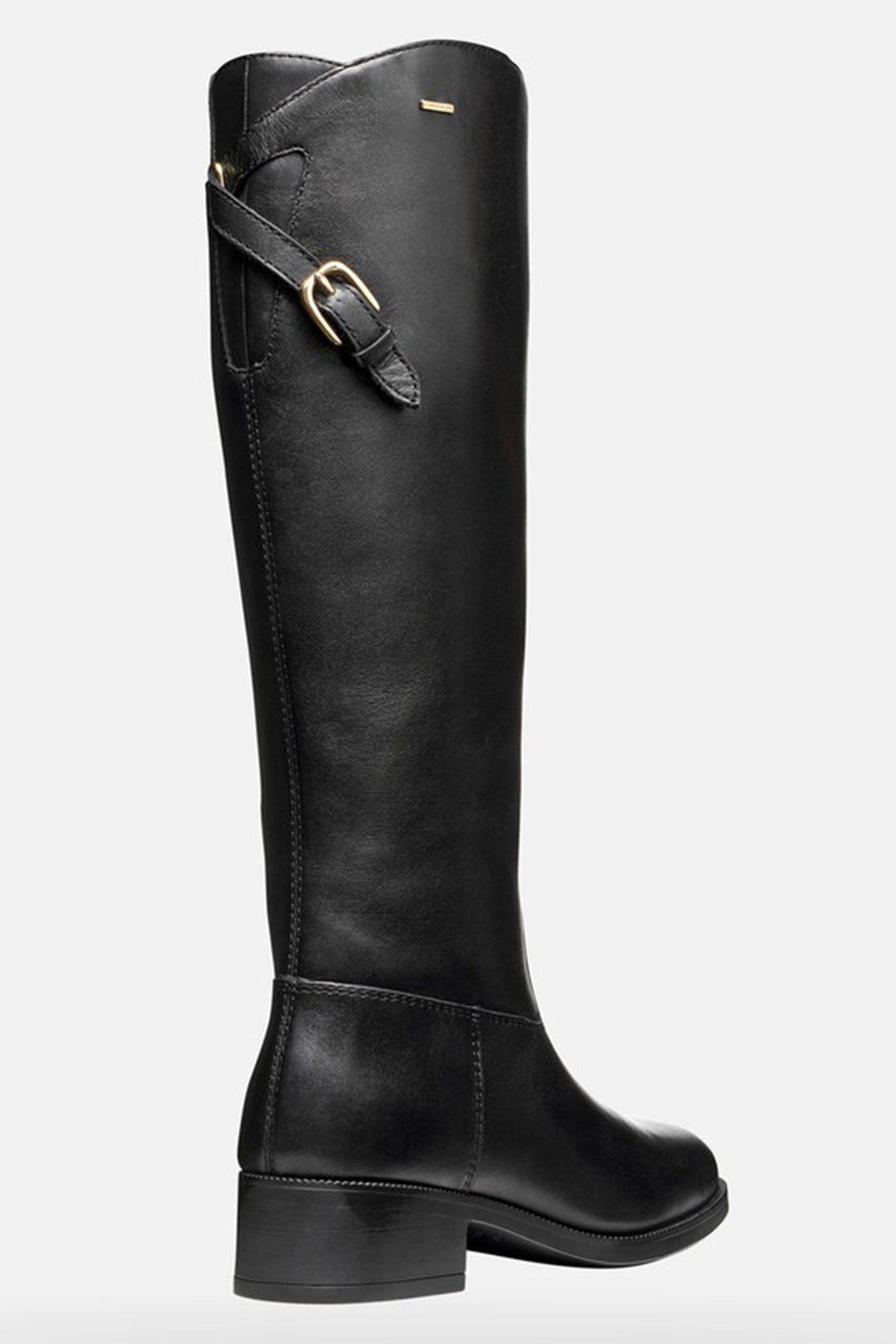 Black knee-high boot with a strap and buckle on a white background