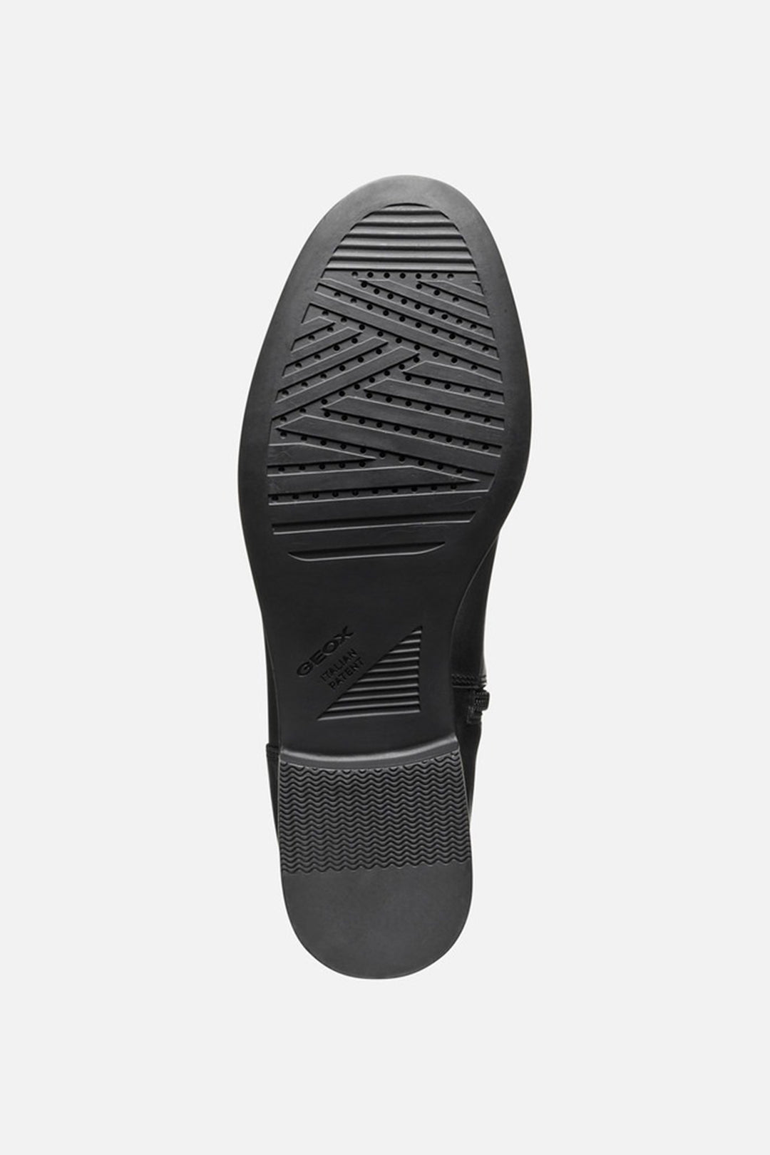 Black shoe sole with tread pattern on a white background