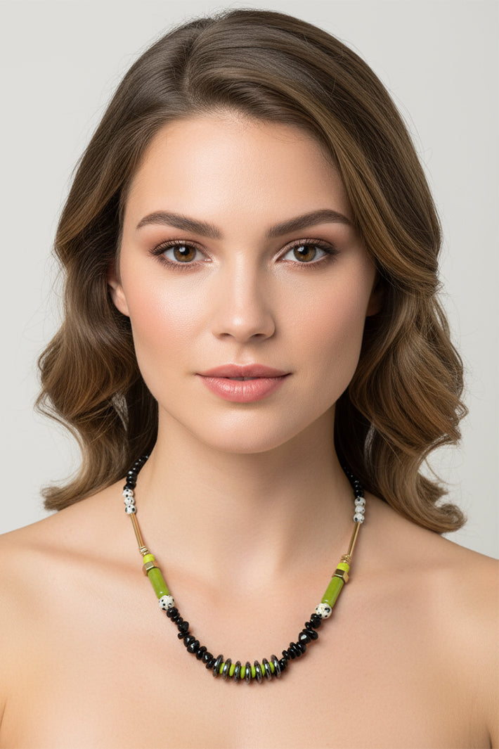 Gist Jewellery Black and Green Dalmatian Jasper and Obsidian Necklace HIL05, worn