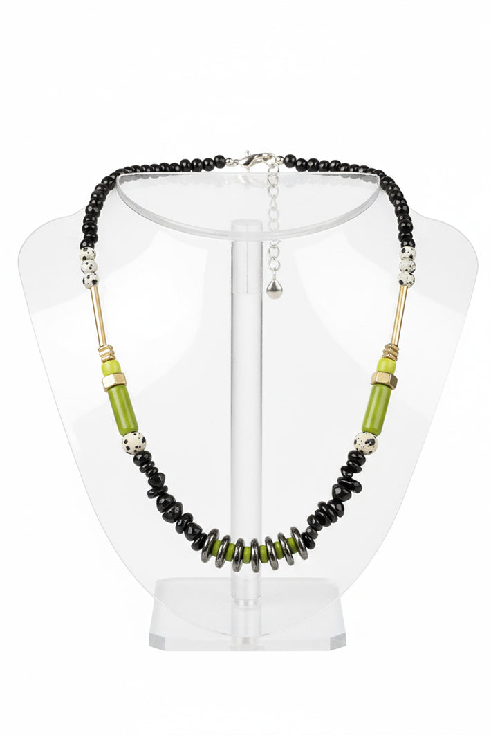 Gist Jewellery Black and Green Dalmatian Jasper and Obsidian Necklace HIL05, on a display bust