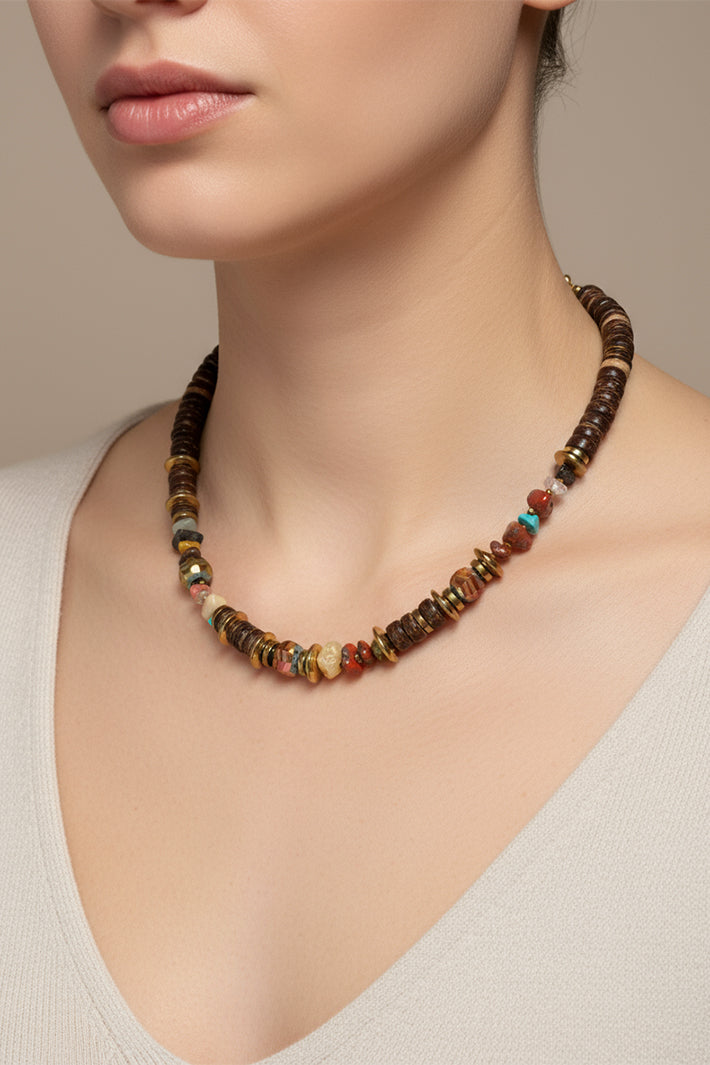 Gist Jewellery Brown Coconut and Gold Plated Hematite Necklace FRT08, worn