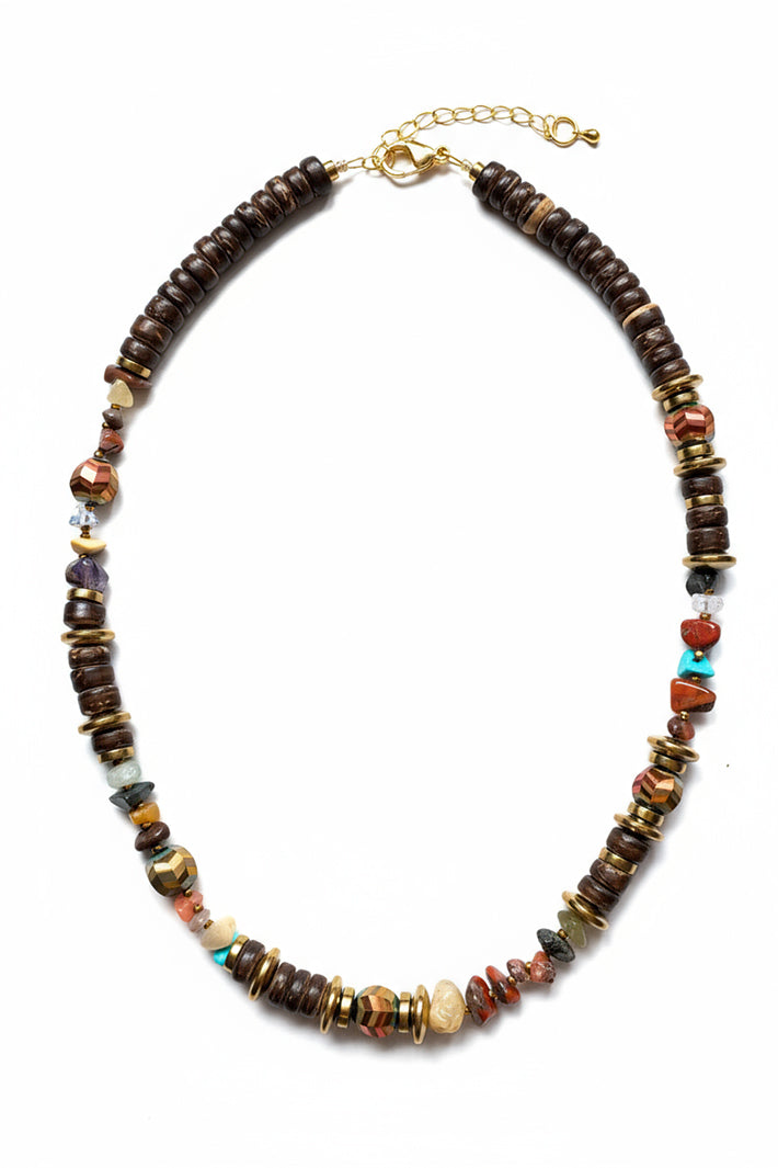 Gist Jewellery Brown Coconut and Gold Plated Hematite Necklace FRT08, on white