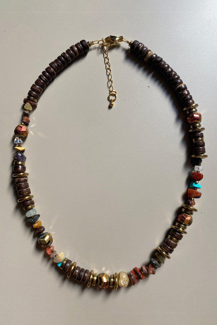 Gist Jewellery Brown Coconut and Gold Plated Hematite Necklace FRT08, laid flat
