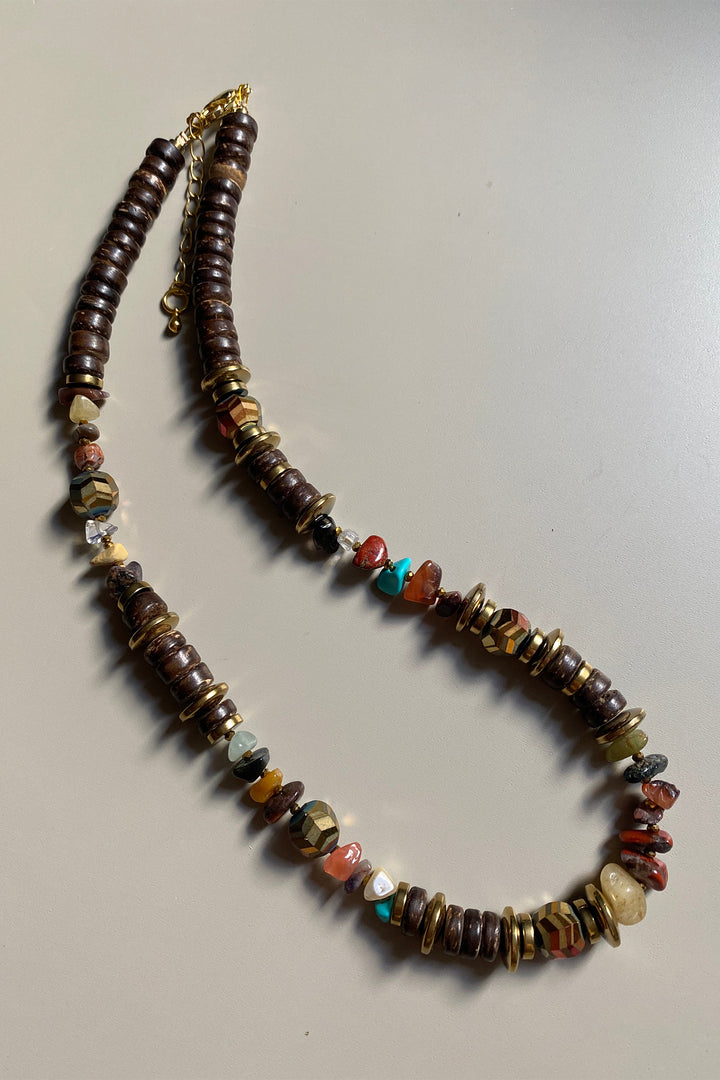 Gist Jewellery Brown Coconut and Gold Plated Hematite Necklace FRT08, laid flat, side angle