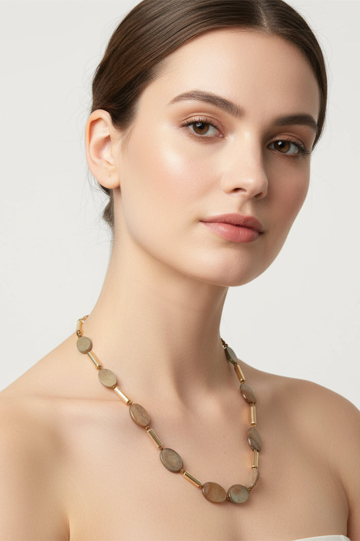 Gist Jewellery Brown Shell and Hematite Necklace BDL09, worn