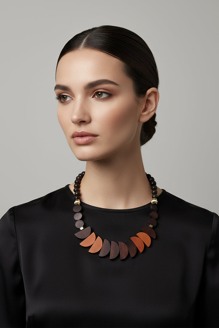 Gist Jewellery Chocolate Orange Brown Wooden Necklace BDL07, worn