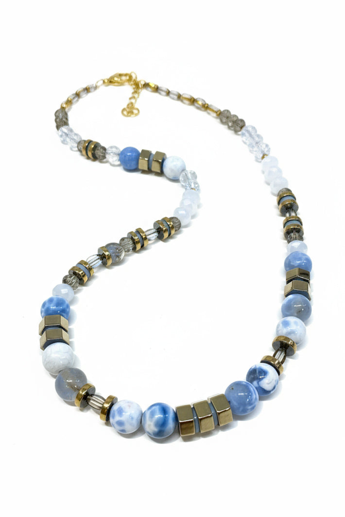 Gist Jewellery Pale Blue Fire Crackle Agate Necklace HIL03, on white, angled