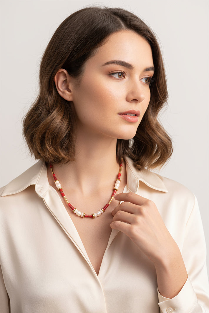 Gist Jewellery Pink and Peach Freshwater Pearl Necklace BDL05, worn