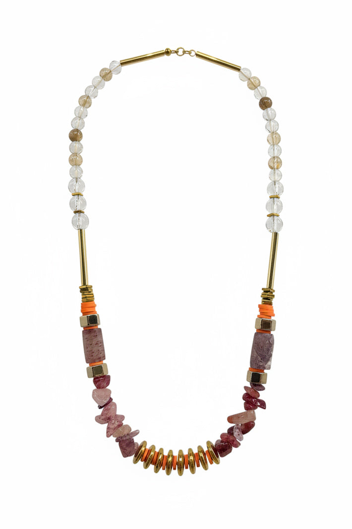 Gist Jewellery Pink Strawberry Quartz Barrel and Chip Necklace EOR17, on white