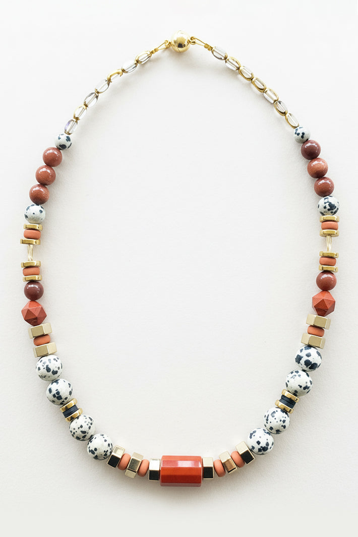 Gist Jewellery Red and Cream Dalmatian Jasper and Sandstone Barrel Necklace BDL02, full length on white