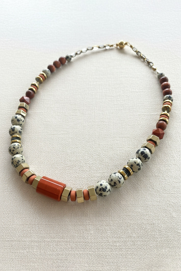 Gist Jewellery Red and Cream Dalmatian Jasper and Sandstone Barrel Necklace BDL02, on white