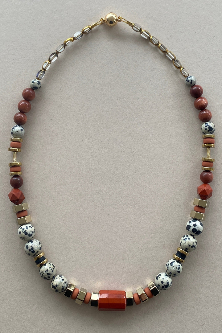 Gist Jewellery Red and Cream Dalmatian Jasper and Sandstone Barrel Necklace BDL02, laid flat, full loop