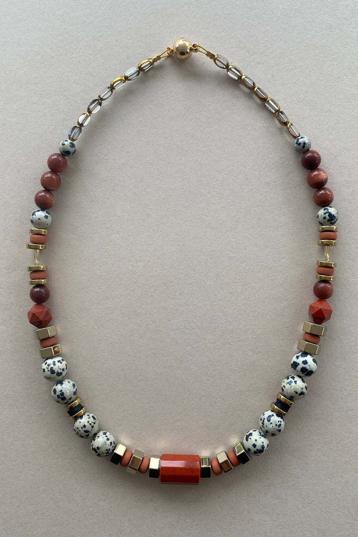 Gist Jewellery Red and Cream Dalmatian Jasper and Sandstone Barrel Necklace BDL02, laid flat, overhead