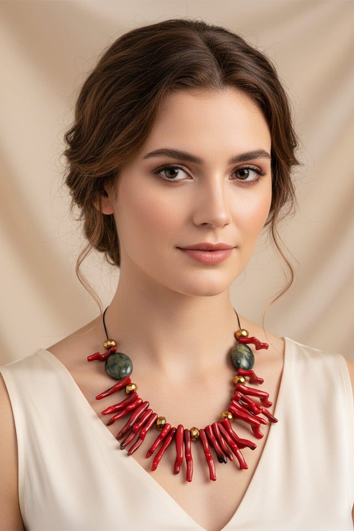 Gist Jewellery Red Coral Resin and Crystal Statement Necklace BDL13, worn with a cream top