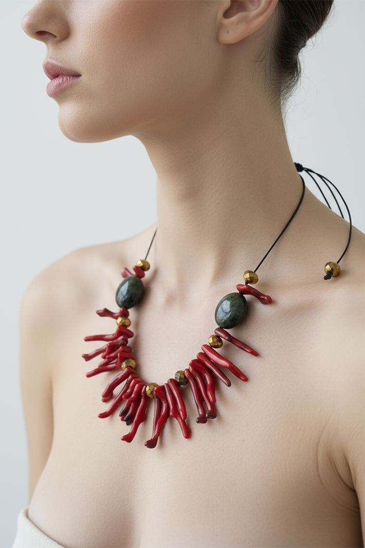 Gist Jewellery Red Coral Resin and Crystal Statement Necklace BDL13, worn, side view