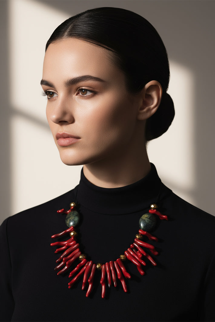Gist Jewellery Red Coral Resin and Crystal Statement Necklace BDL13, worn with a black top