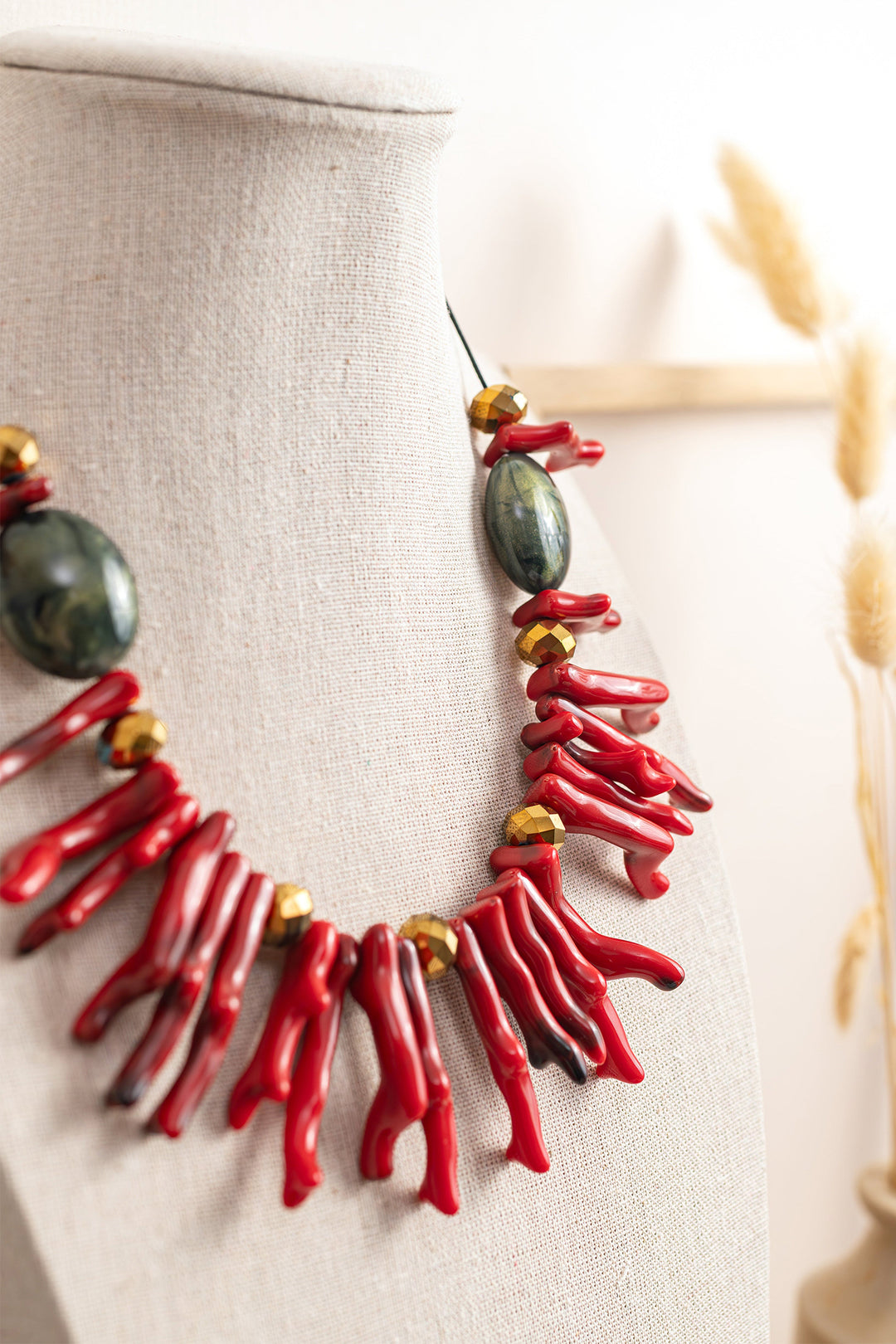 Gist Jewellery Red Coral Resin and Crystal Statement Necklace BDL13, on a display bust