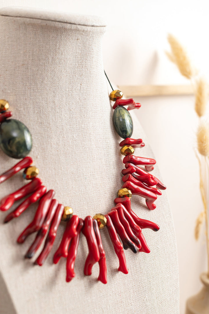Gist Jewellery Red Coral Resin and Crystal Statement Necklace BDL13, on a display bust