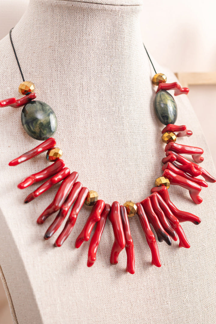 Gist Jewellery Red Coral Resin and Crystal Statement Necklace BDL13, on a display bust, angled