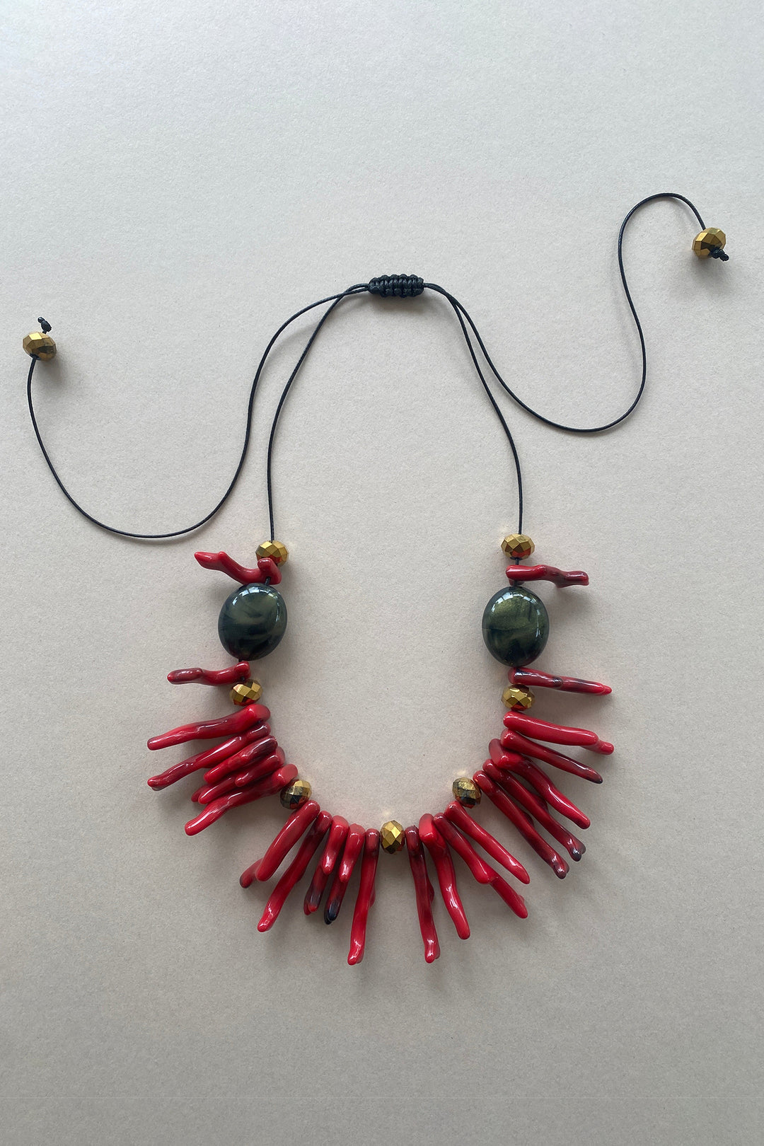 Gist Jewellery Red Coral Resin and Crystal Statement Necklace BDL13, laid flat, cord fastening